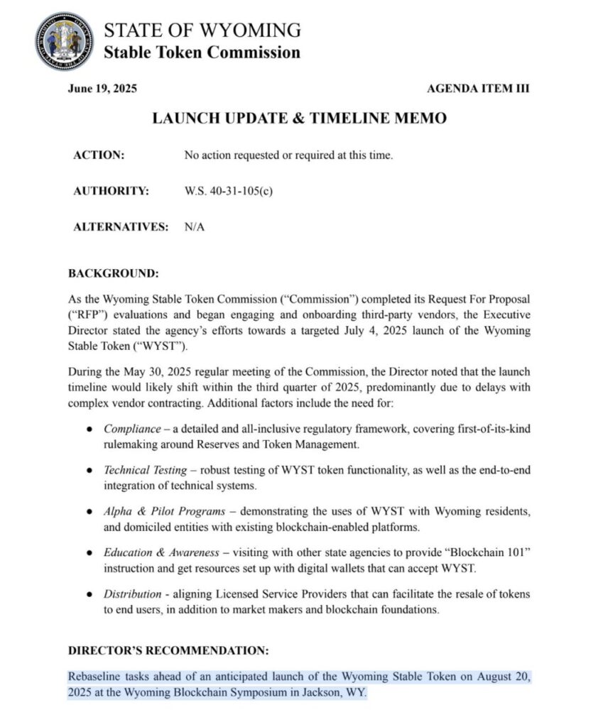 怀俄明州计划 8 月推出美国首个州级稳定币「WYST」，有望成为协调州和联邦数位资产政策试点案例