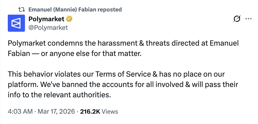 以色列记者报导后收死亡威胁，Polymarket「赌徒」变狂徒？