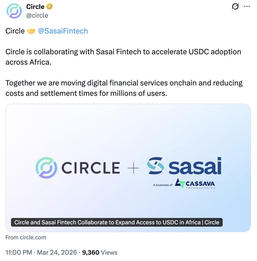 Circle 与非洲金融科技公司 Sasai 合作,扩大 USDC 跨国支付应用 Circle 与非洲金融科技公司 Sasai 合作,扩大 USDC 跨国支付应用