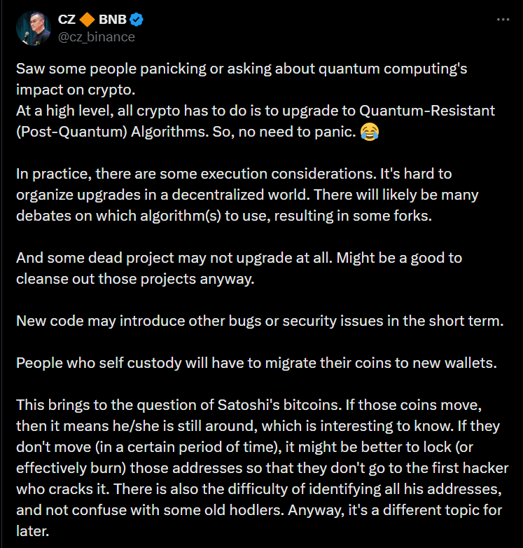 量子攻击 9 分钟就能破解比特币？币安 CZ：升级就能挡、不必恐慌