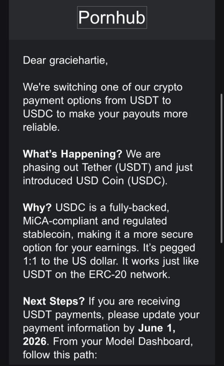 抛弃 USDT！Pornhub 发款改用 USDC，只为了一张「保命符」？