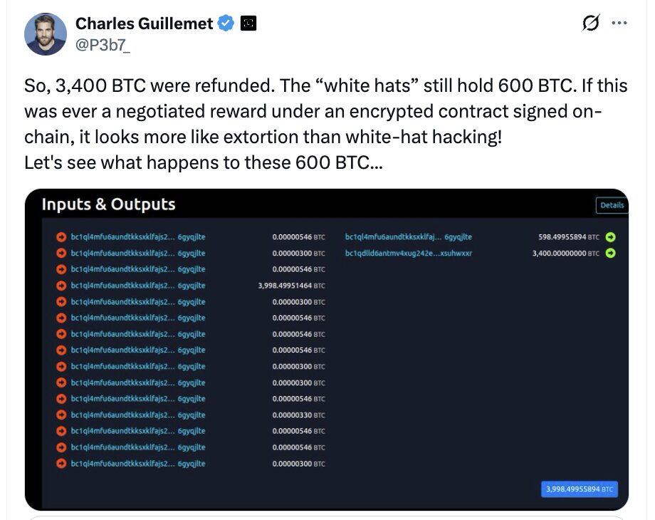Liquid Network 事件逆转：3,400 枚 BTC 已返还，近 600 枚仍未归还