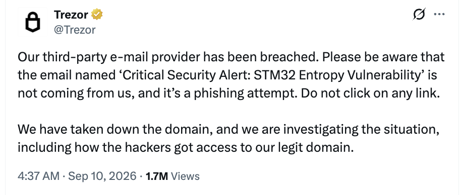 Trezor 官方电邮链路遭骇客滥用!第三方供应商遭入侵,假「STM32 漏洞」钓鱼信流窜 Trezor 官方电邮链路遭骇客滥用!第三方供应商遭入侵,假「STM32 漏洞」钓鱼信流窜