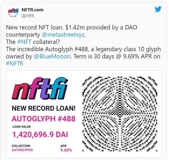 NFT抵押贷款，创纪录的一笔贷款金额超过140万美元