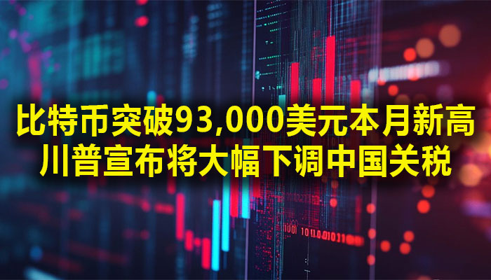 比特币突破93,000美元本月新高，川普宣布将大幅下调中国关税