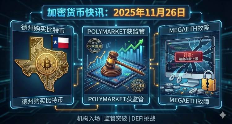 加密货币快讯 2025年11月26日：德州购买比特币、Polymarket合规与MegaETH事故