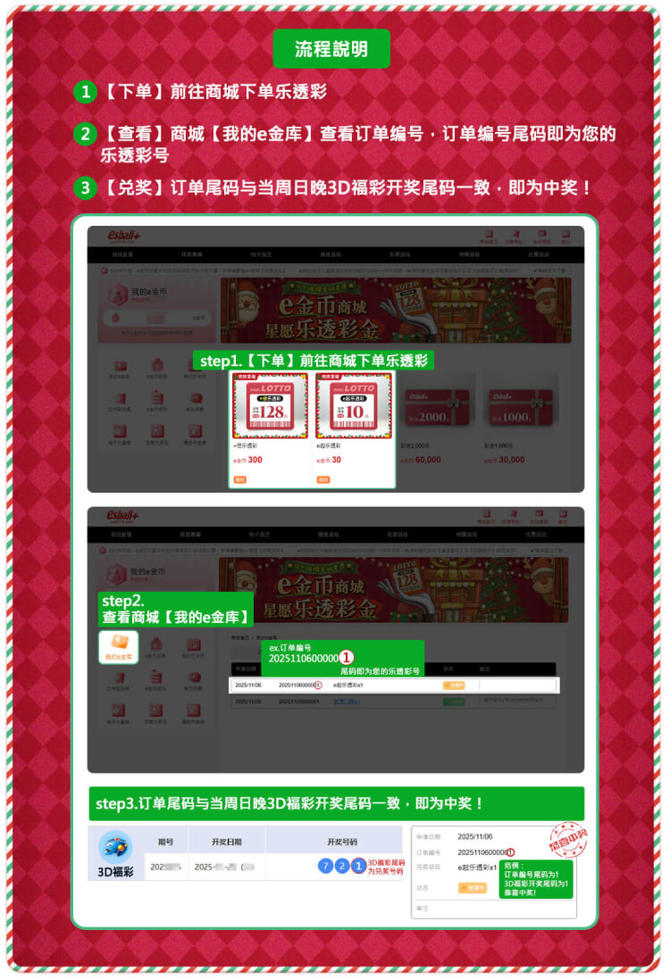 esball+ 圣诞跨年限定：e金币商城「星愿乐透彩」，订单尾号赢现金！
