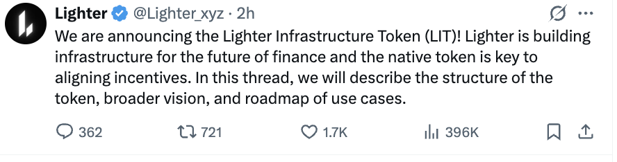 Perp DEX Lighter 推出原生代币 $LIT,2025 积分赛季获立即空投 Perp DEX Lighter 推出原生代币 $LIT,2025 积分赛季获立即空投